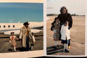 Two photos showing two children dressed in vintage clothing at an airport with adults