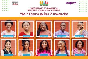 A graphic titled 2025 Report for America Student Journalism Awards. YMP Team Wins 7 Awards! There are 10 teenagers shown below the headline