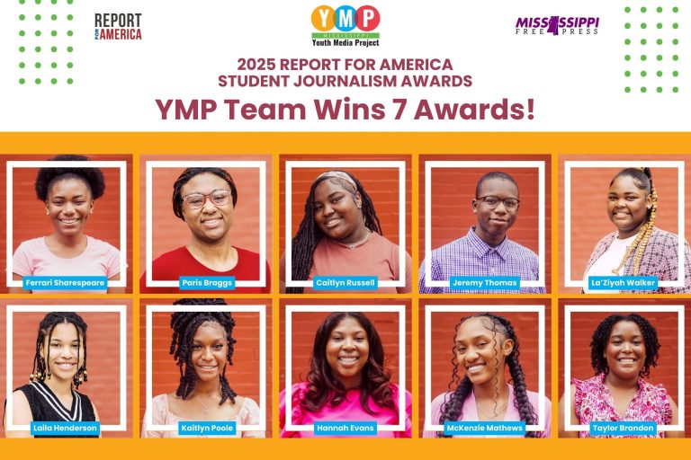 A graphic titled 2025 Report for America Student Journalism Awards. YMP Team Wins 7 Awards! There are 10 teenagers shown below the headline