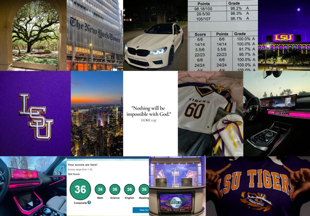 A multi grid vision board with pictures of things like LSU Tigers and The New York Times