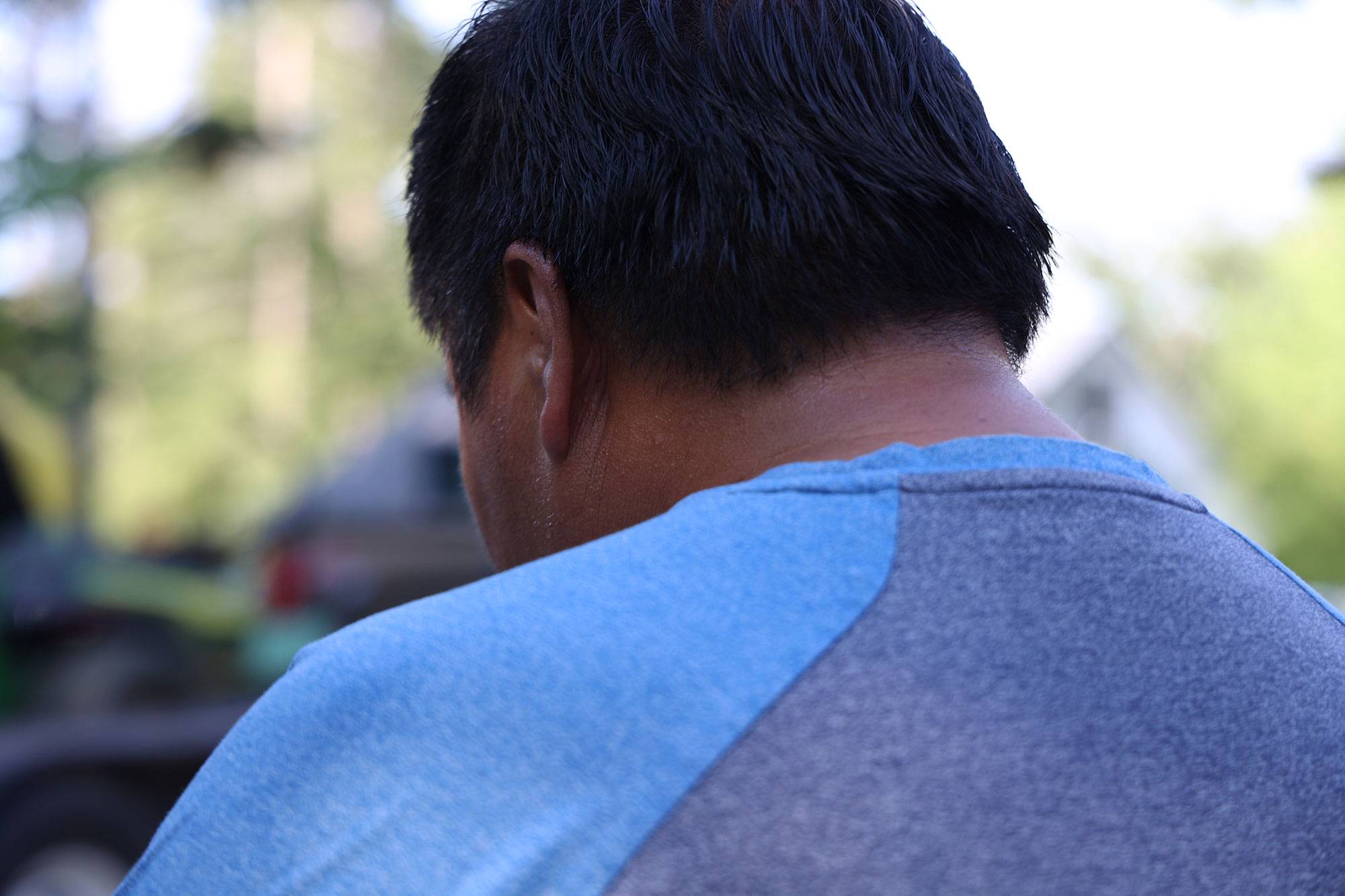 A closeup of a man in a blue shirt as seen from behind