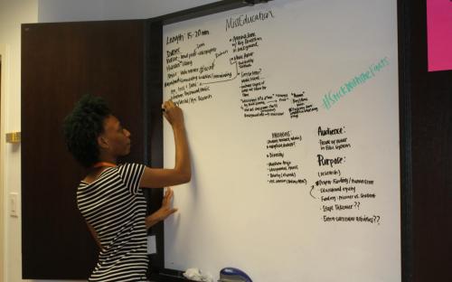 Aja Purvis takes notes as students meet to develop a story about mis-education in Mississippi. This story began prior to a lawsuit filed against the State of Mississippi for denying good education to African American students. 